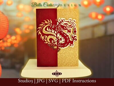 Craft a dragon card with our 3D SVG and a Cricut or Silhouette cutting machine. It features a powerful red dragon set against a vibrant gold background. The card is blank inside, so you can create your own message for any occasion. It measures 5 by 7-inches, and has intricately cut details and festive aesthetics. Plus, you&#39;ll receive a custom A7 envelope template with a lantern detail on the closure flap.