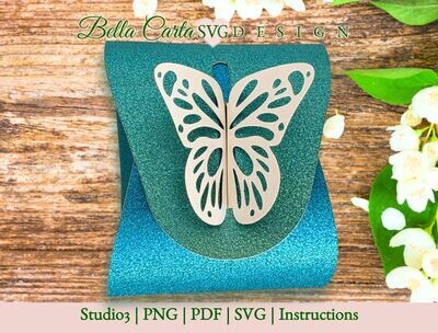 Small gift box for jewelry, candy, and other small gifts featuring an intricately cut butterfly closure on the top, made with a 3D SVG and a Cricut, Silhouette or other cutting machine.. The template allows you to craft a 3-inch wide by 3.5-inch deep by 2.5-inch tall gift box, perfect for presenting a gift for Mother's Day or a birthday.  This picture shows the box made from one-sided turquoise glitter paper.