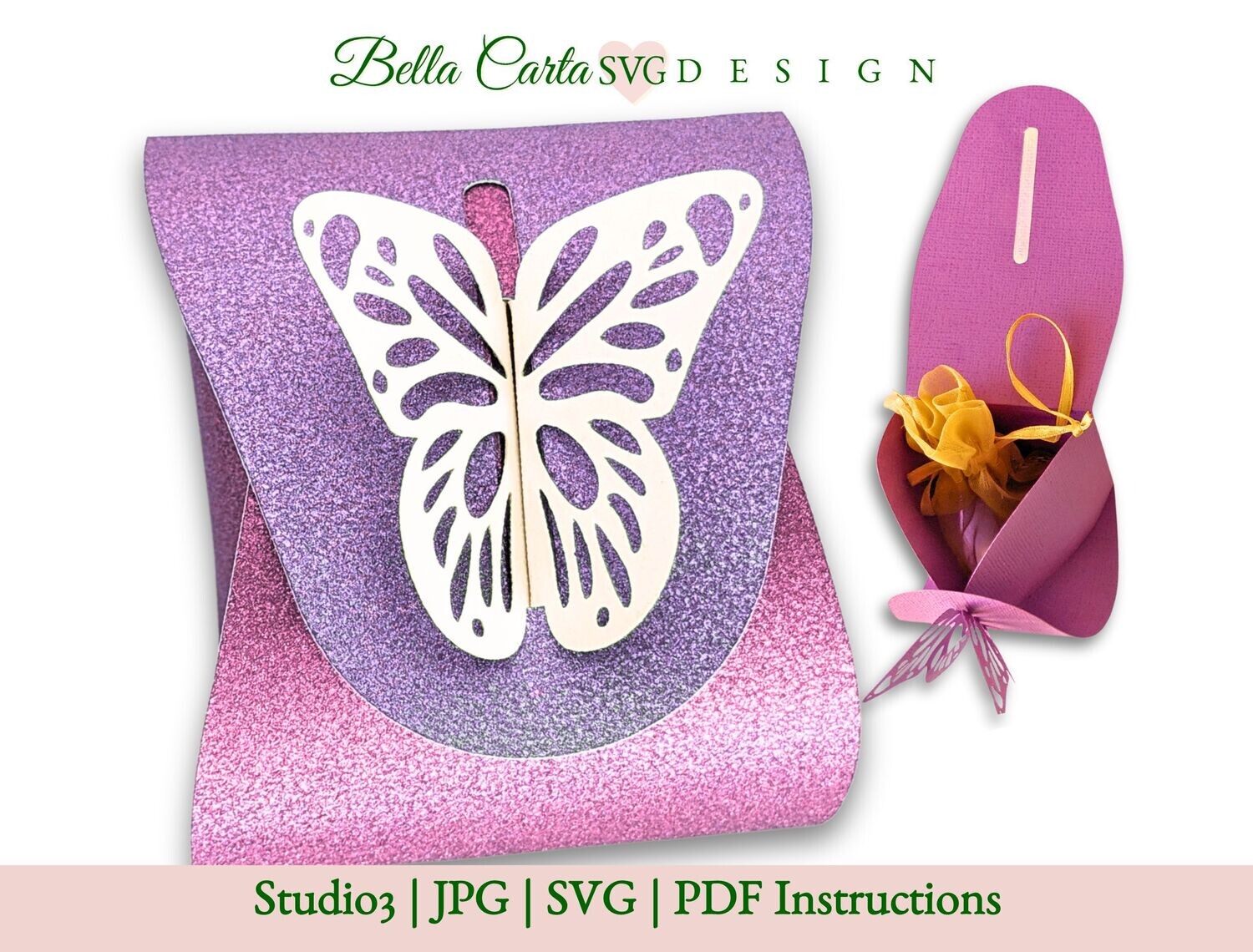 Small gift box for jewelry, candy, and other small gifts featuring an intricately cut butterfly closure on the top, made with a 3D SVG and a Cricut, Silhouette or other cutting machine.. The template allows you to craft a 3-inch wide by 3.5-inch deep by 2.5-inch tall gift box, perfect for presenting a gift for Mother&#39;s Day or a birthday.  This picture shows the box made from one-sided purple and pink glitter paper.