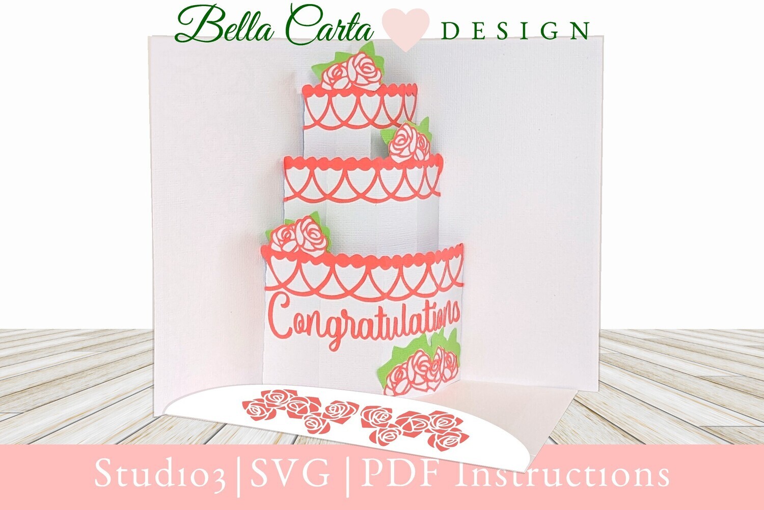 Wedding Cake 3D Pop Up Card SVG Template for Cricut and Silhouette Machines Stunning pop-up card with a 3-layer wedding cake featuring roses and the word “Congratulations”.