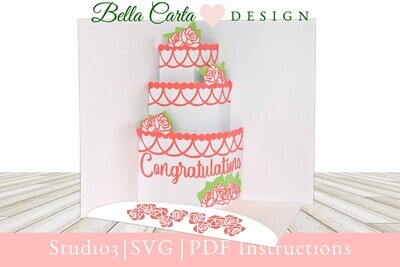 Wedding Cake 3D Pop Up Card SVG Template for Cricut and Silhouette Machines Stunning pop-up card with a 3-layer wedding cake featuring roses and the word “Congratulations”.