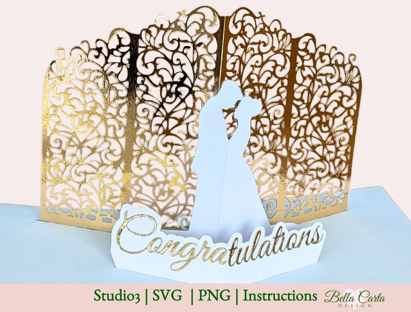 Elegant gold and white pop-up card featuring a bride and groom silhouette with intricate, ornate background designs. The front displays &#39;Congratulations&#39; in gold script. Perfect for weddings, engagements, or anniversaries. 