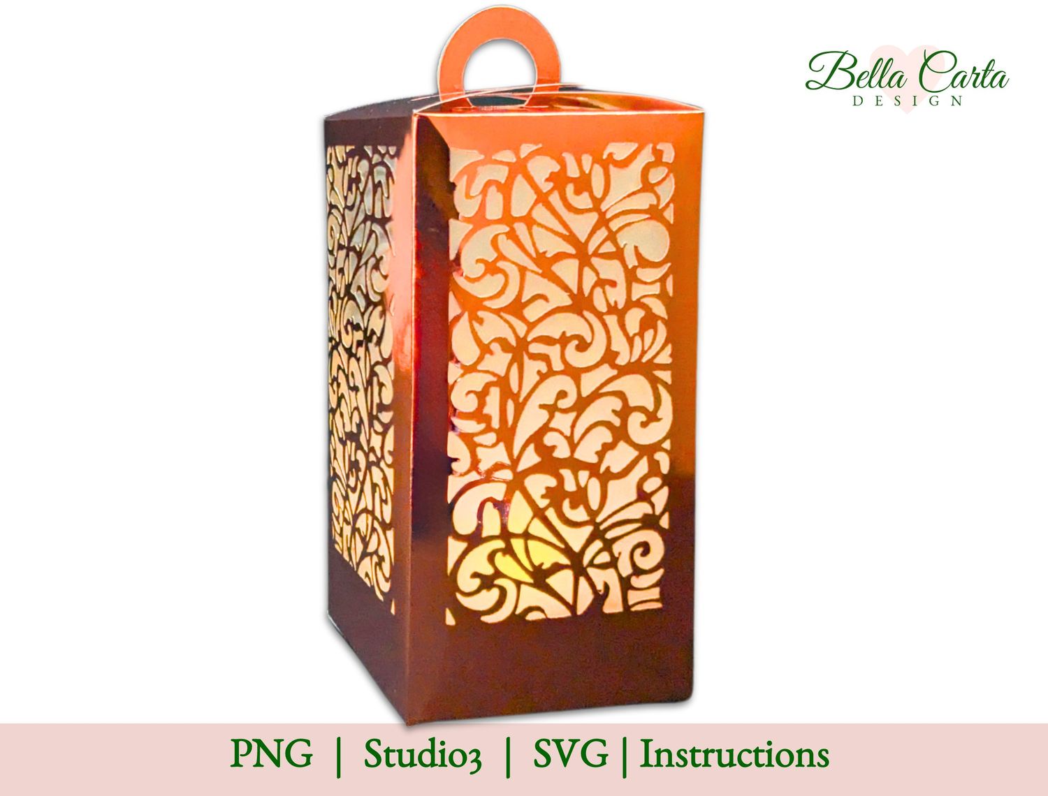 Elegant lantern in rose gold metallic paper features an intricate floral-inspired, scrollwork cut-out design.The delicate swirls and leaf motifs of the cut-out pattern are easily made with a Cricut and Bella Carta Design’s 3D SVG file. 