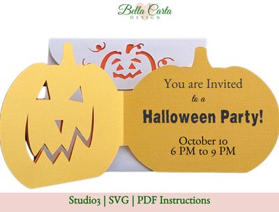 3D Jack O Lantern Invitation SVG template for Cricut printed with a Halloween party invitation, perfect for Halloween paper crafting by Bella Carta Design. 