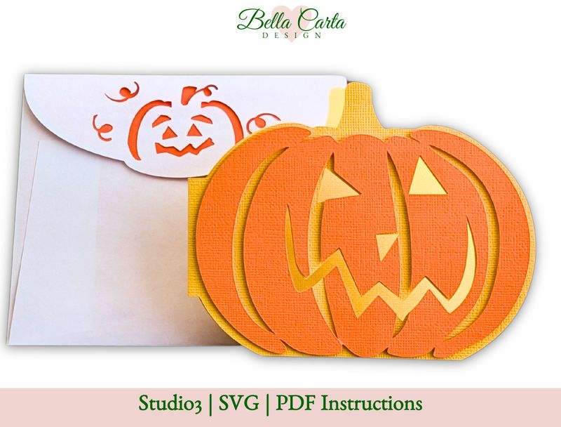 3D Jack O Lantern Card SVG template for Cricut with custom envelope, perfect for Halloween paper crafting by Bella Carta Design. 