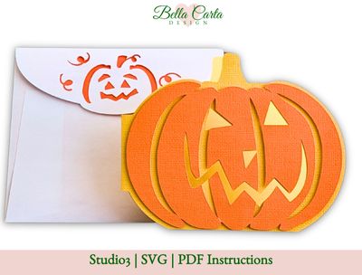 3D Jack O Lantern Card SVG template for Cricut with custom envelope, perfect for Halloween paper crafting by Bella Carta Design. 