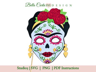 A colorful Dia de los Muertos paper mask SVG template, depicting Mexican artist, Frida Kahlo.  Perfect for a Cricut project, this paper mask can be used as a photo booth prop or decoration at Day of the Dead celebrations.