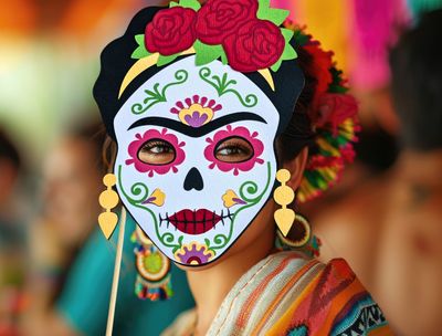 A colorful Dia de los Muertos paper mask SVG template depicting Mexican artist, Frida Kahlo, seen here worn by a woman.  Perfect for a Cricut project, this paper mask can be used as a photo booth prop or decoration at Day of the Dead celebrations.