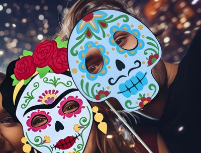 A colorful Dia de Los Muertos paper mask SVG template, depicting Mexican gentleman, or Caballero, seen here at a party.  Perfect for a Cricut project, this paper mask can be used as a photo booth prop or decoration at Day of the Dead celebrations.