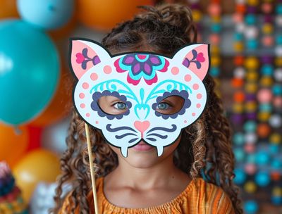 A colorful Dia de Los Muertos paper mask SVG template, depicting a Cat Spirit Guide or an alebrije, shown here worn by a girl.  Perfect for a Cricut project, this paper mask can be used as a photo booth prop or decoration at Day of the Dead celebrations.