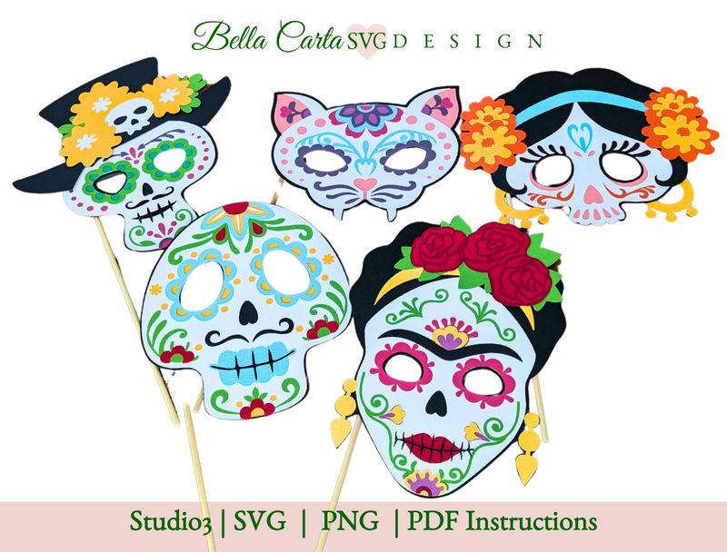 A colorful bundle of Dia de Los Muertos paper mask SVG templates. Perfect for a Cricut project, these paper masks can be used as photo booth props or decorations at Day of the Dead celebrations. The collection includes multiple sugar skull designs, each adorned with intricate floral patterns. Featured masks include Frida Kahlo, a Caballero, La Catrina, El Catrín, a Cat Spirit Animal or Gato Alebrije. These paper masks are designed for Day of the Dead celebrations and bring vibrant detail to any Dia de Los Muertos craft or event.