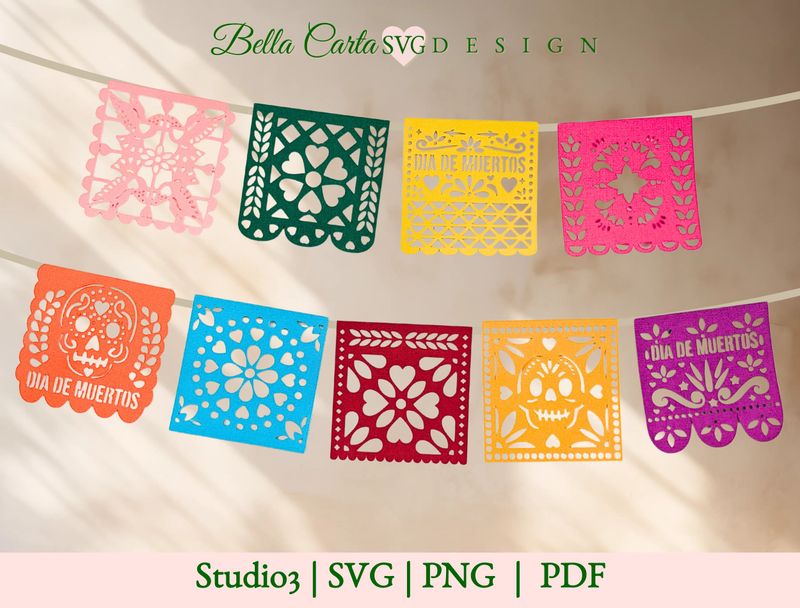 These Papel Picado, Day of the Dead SVG designs are perfect for Cricut and Silhouette users looking to add a handmade touch to their celebrations.  Choose your own colors to make these Mexican Papel Pical panels.