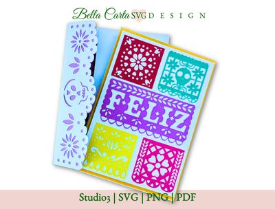 This layered Day of the Dead SVG card design is perfect for Cricut and Silhouette users looking to add a handmade touch to their celebrations.  The front says “Feliz” in colorful Mexican Papel Pical panels.
