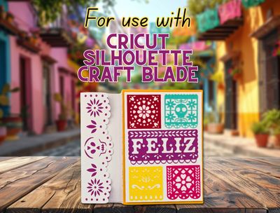 This layered Day of the Dead SVG card design is perfect for Cricut and Silhouette users looking to add a handmade touch to their celebrations.  The front says “Feliz” in colorful Mexican Papel Pical panels.