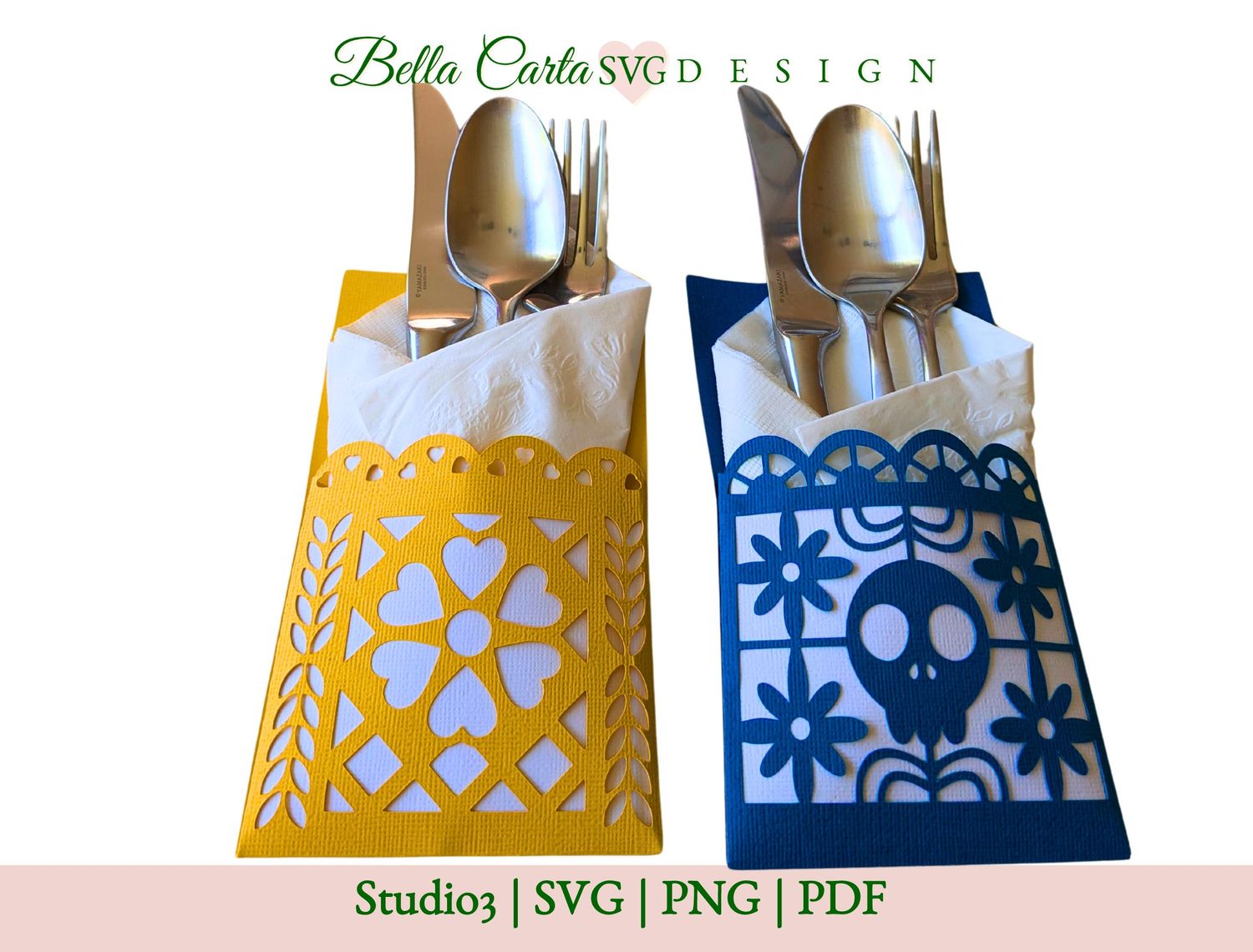 These Day of the Dead SVG Flatware Sleeve designs are perfect for Cricut and Silhouette users looking to add a handmade touch to their celebrations.  Each of the designs is inspired by colorful Mexican Papel Pical panels.