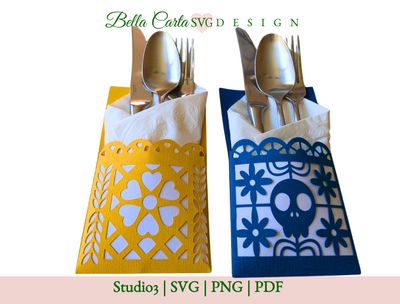 These Day of the Dead SVG Flatware Sleeve designs are perfect for Cricut and Silhouette users looking to add a handmade touch to their celebrations.  Each of the designs is inspired by colorful Mexican Papel Pical panels.