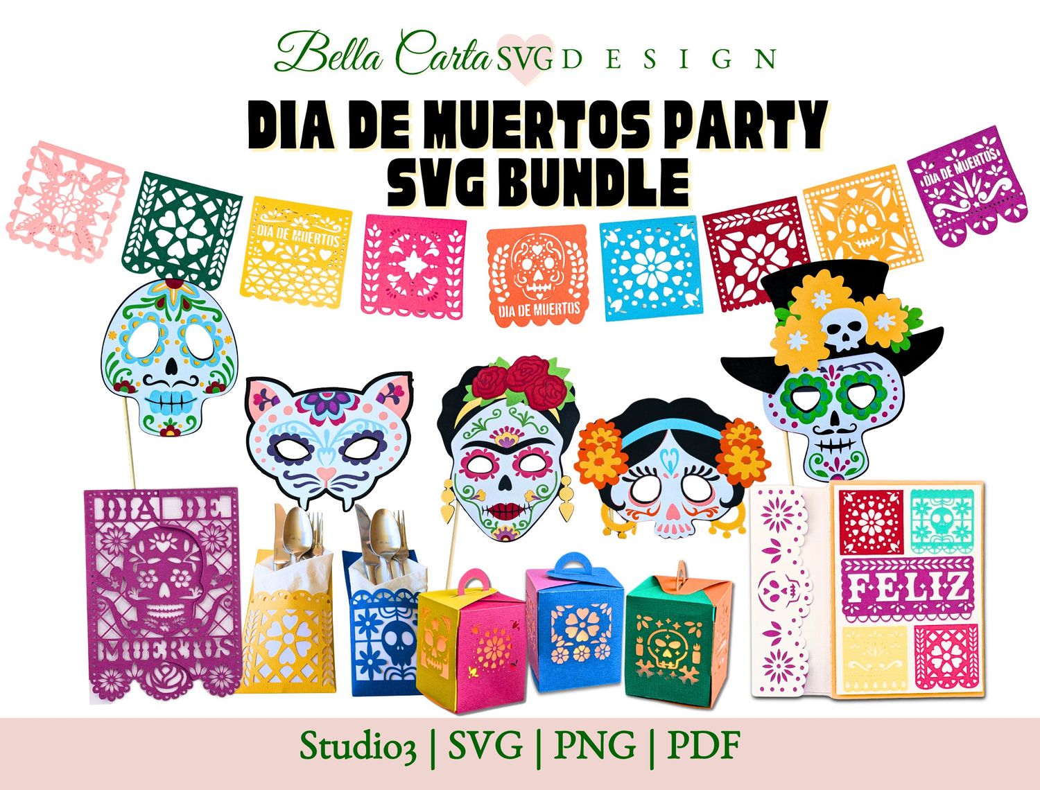 Celebrate the vibrant traditions of Dia de Los Muertos with our Day of the Dead Party Bundle SVG Templates.  The Day of the Dead Party 3D SVG Template Bundle includes: 9 Papel Picado Panels; 5 Masks ;2 Cards plus Envelopes; 3 Lanterns; 2 Flatware sleeves.