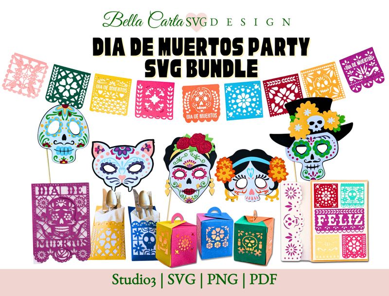 Celebrate the vibrant traditions of Dia de Los Muertos with our Day of the Dead Party Bundle SVG Templates.  The Day of the Dead Party 3D SVG Template Bundle includes: 9 Papel Picado Panels; 5 Masks ;2 Cards plus Envelopes; 3 Lanterns; 2 Flatware sleeves.