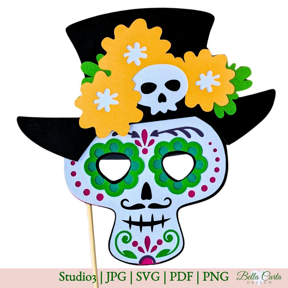 A colorful Dia de Los Muertos paper mask SVG template, depicting a Mexican gentleman with a hat, El Catrin.  Perfect for a Cricut project, this paper mask can be used as a photo booth prop or decoration at Day of the Dead celebrations.