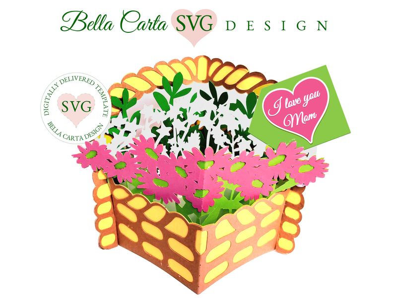 Finished Flower Basket 3D SVG Card in pink.