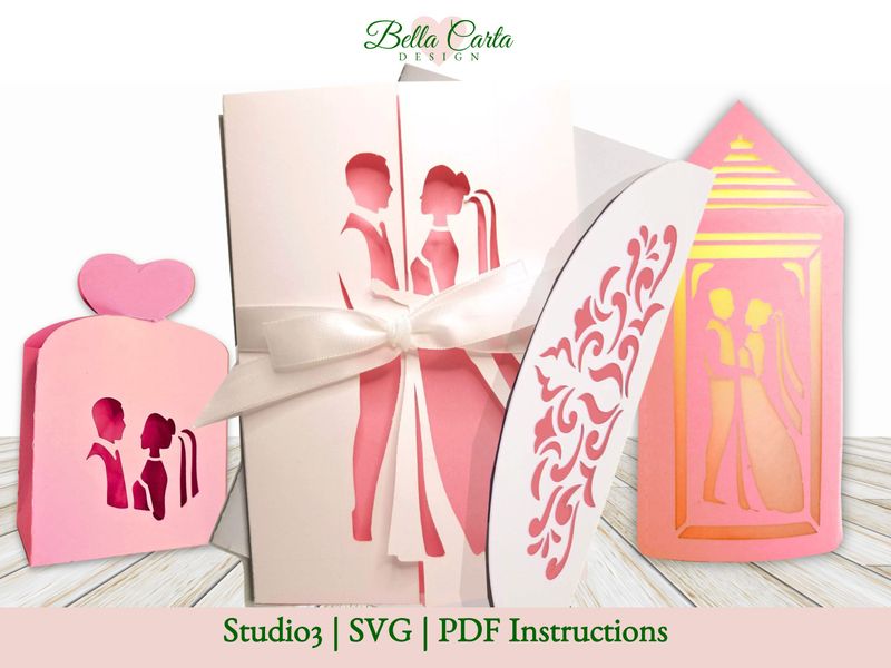 Bride and Groom Romantic Wedding SVG Bundle | Gatefold Card, Favor Box &amp; Lantern in pink.  3D SVG Template for Cricut 