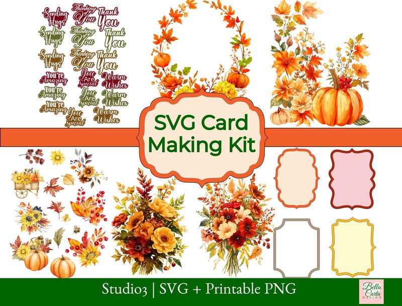SVG Card Making Kit with Warm Fall images of flowers and pumpkins for Cricut and Silhouette printing and cutting