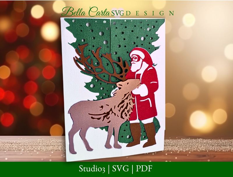 Holiday Card featuring Santa Clause hugging a reindeer in a snow-covered forest.