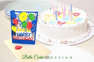 The balloons shadowbox SVG template is a colorful way for Cricut and Silhouette crafters to say HAPPY BIRTHDAY.  It features many colored balloons in a 3D shadowbox surrounding a birthday cake with candles.  It is by Bella Carta Design.