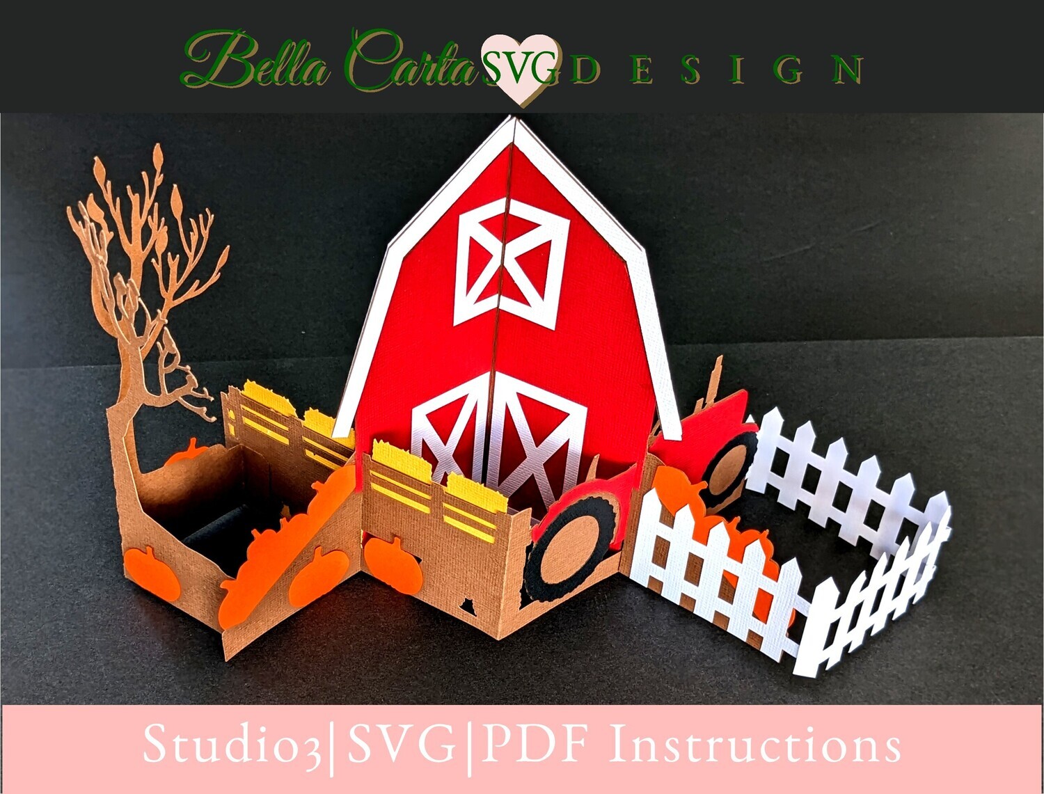 Handmade 3D Pumpkin Patch pop up card assembled with orange and green textured cardstock paper from a Cricut Maker SVG templa