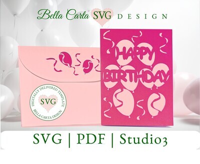 Craft an easy and festive birthday card using this 3D SVG template and your Cricut Joy, Silhouette or other cutting machine. This hand-made paper card depicts several cutout balloons and streamers, along with the words "Happy Birthday".  It comes with a coordinated themed envelope. Customize it with your choice of colors.  Don't have a cutting machine? a PDF version is also available.