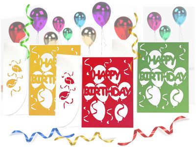 Craft an easy and festive birthday card using this 3D SVG template and your Cricut Joy, Silhouette or other cutting machine. This hand-made paper card depicts several cutout balloons and streamers, along with the words "Happy Birthday".  It comes with a coordinated themed envelope. Customize it with your choice of colors.  Don't have a cutting machine? a PDF version is also available.