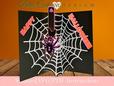 Handmade 3D Spider Web Halloween pop up card assembled with black textured cardstock paper from a Cricut Maker SVG template.