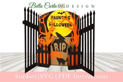 Handmade 3D Cemetery Gate Halloween pop up card assembled with spooky black textured cardstock paper from a Cricut Maker SVG 