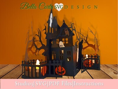 Handmade 3D Haunted House Halloween pop up card assembled with dark textured cardstock paper from a Cricut Maker SVG template
