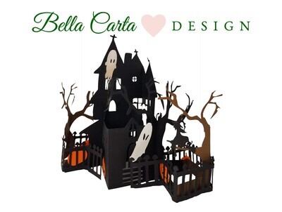 3D Halloween Haunted House decoration or greeting card SVG template.  The design features eerie ghosts, scary jack o’lanterns, spooky trees, a witch on a broom, an owl, and black cat