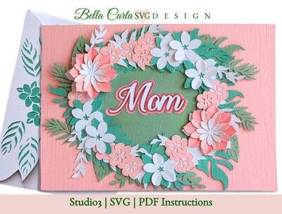 Completed Floral Card made with our 3D SVG template and a Cricut, Silhouette or other cutting machine.  It features a beautiful pastel floral wreath with a layered script message. Perfect for birthdays, weddings, anniversaries, retirements, Mother's Day, sympathy, or just to let someone know you're thinking of them. The inside is left blank for your personalized message. The template makes a 5 by 7-inch card that fits into the custom decorated and lined envelope included.