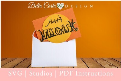 3D SVG Halloween Pop-Up Card features a spooky haunted house, chilling gravestones, eerie jack-o'lanterns, and creepy trees. As you pull the tab, a ghost pops out of the haunted house, adding an extra element of surprise and delight. The card front says Happy Halloween against a full moon with bats. Perfect for Cricut and Silhouette cutting machines.
This is a project for advanced paper crafters looking for a little extra challenge that provides a large Wow factor. It cuts cardstock and fits together to make a 3D pop-up card with an interactive ghost that comes out when you pull a tab. The template includes a lined A7 envelope with a Jack O'Lantern decoration.