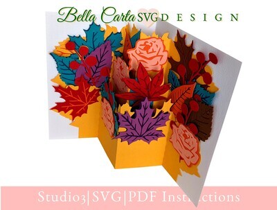 Stunning pop-up card with a bouquet of Fall leaves and flowers for a birthday, thank you, wedding, or Thanksgiving.
