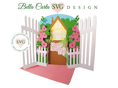 Finished Cricut 3D SVG Card project depicting a Garden with two Pop-Up elements that open into a secret garden with a charming cottage.  A message inside reads “Happy Mother’s Day”.