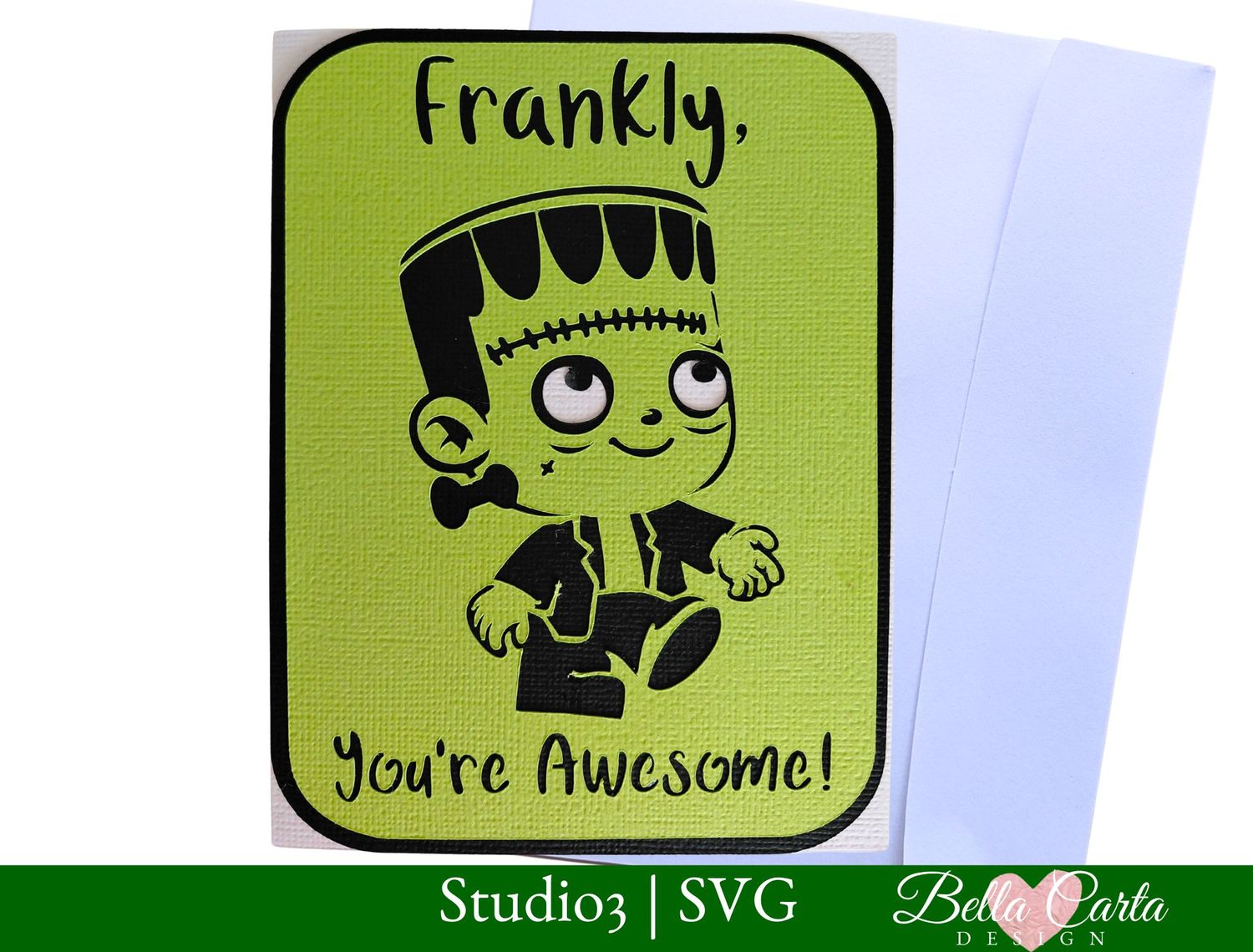 Funny green Frankenstein card with Kid Frankenstein says Frankly, You're Awesome!