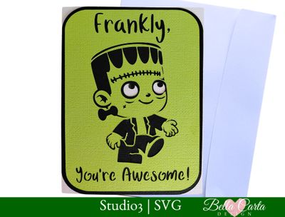 Funny green Frankenstein card with Kid Frankenstein says Frankly, You're Awesome!