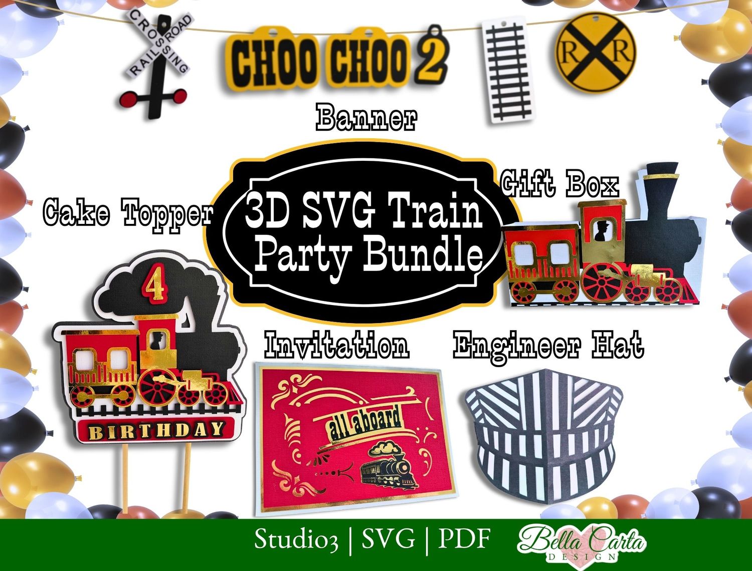 Train Birthday Party Decorations 3D SVG