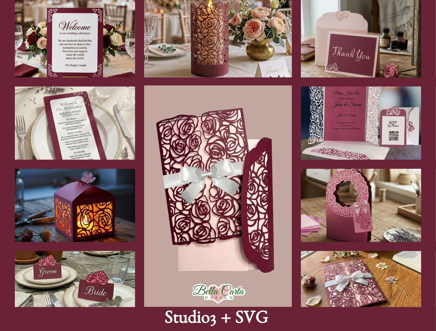Wedding stationary and decorations intricately cut from deep burgundy cardstock with a lace rose pattern. Cricut SVG files.  