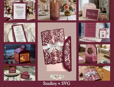 Wedding stationary and decorations intricately cut from deep burgundy cardstock with a lace rose pattern. Cricut SVG files.  