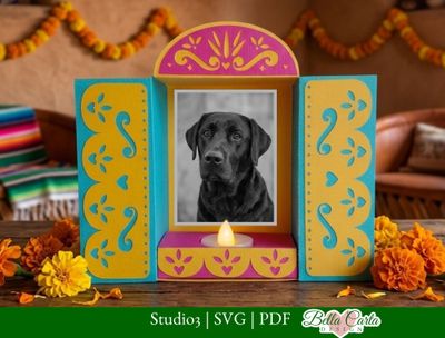 3D Mini Ofrenda Altar SVG Template for Cricut &amp; Silhouette with portrait of a black labrador dog.