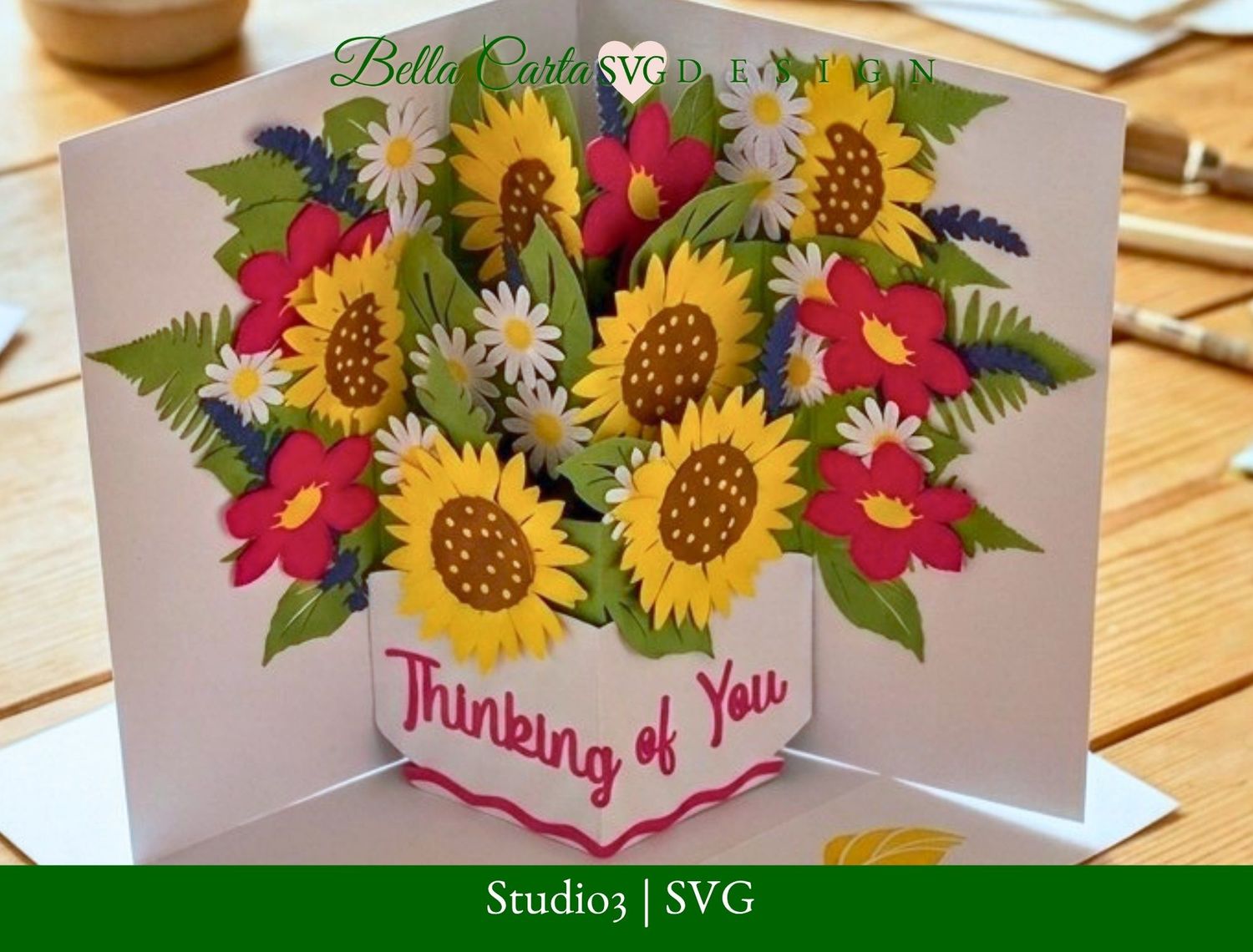3D pop up card opening to reveal layered paper sunflower bouquet in a white vase