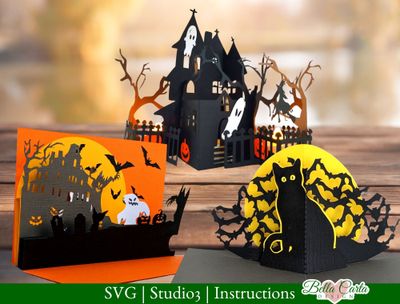 Handmade 3D Halloween pop-up card bundle assembled with 80lb textured cardstock paper using a Cricut Maker cutting machine.