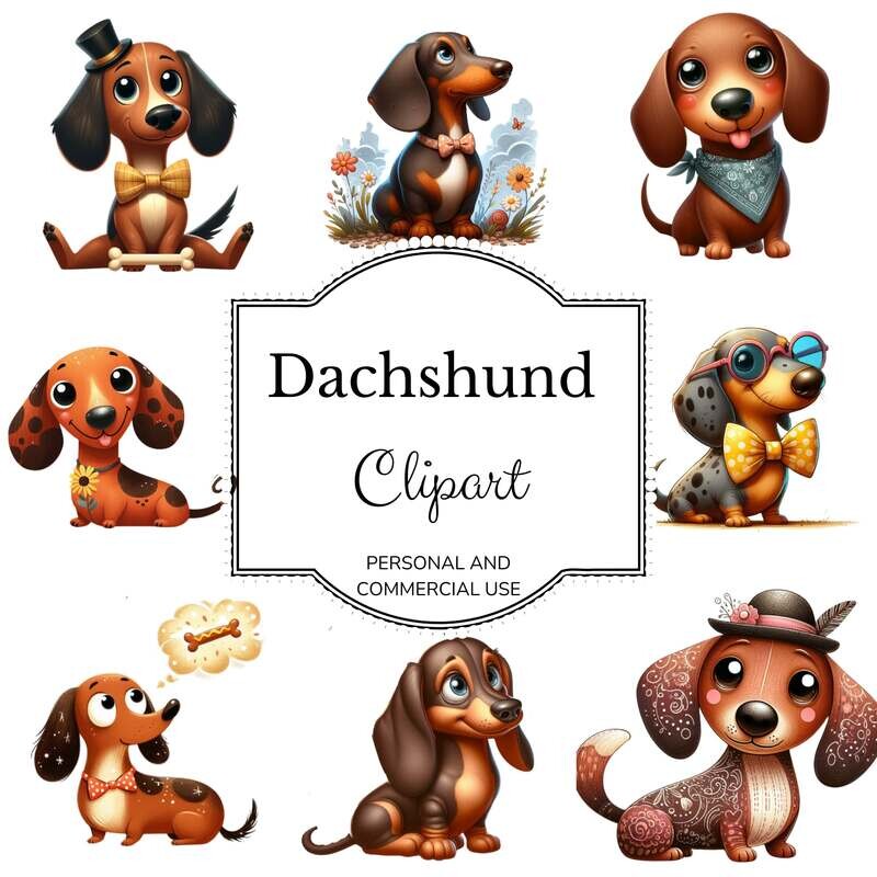 Dashing Dachshund Delights: Watercolor Clipart Set. Cute clipart. Animal clipart. Digital Download. Baby room decor. Commercial use clipart