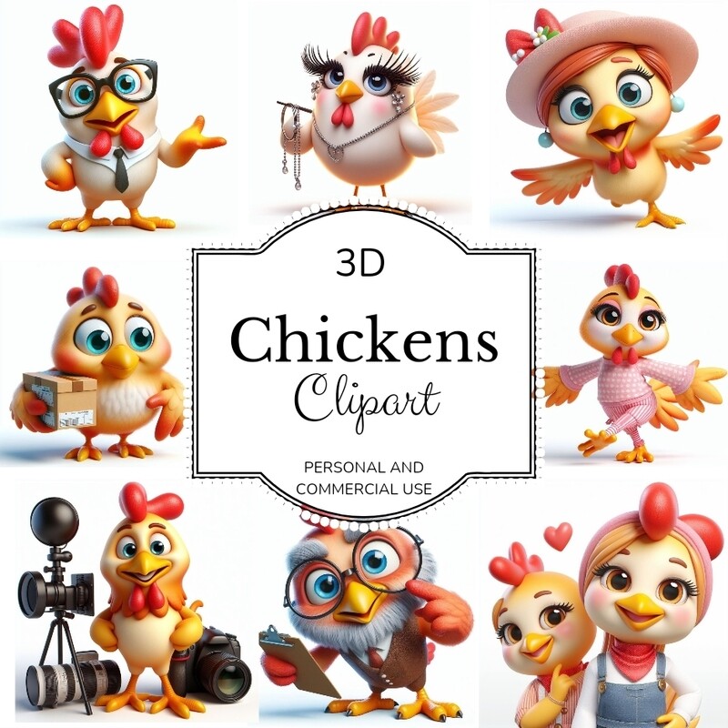 3D Chicken clipart. More than 100 images. Cute dartoon