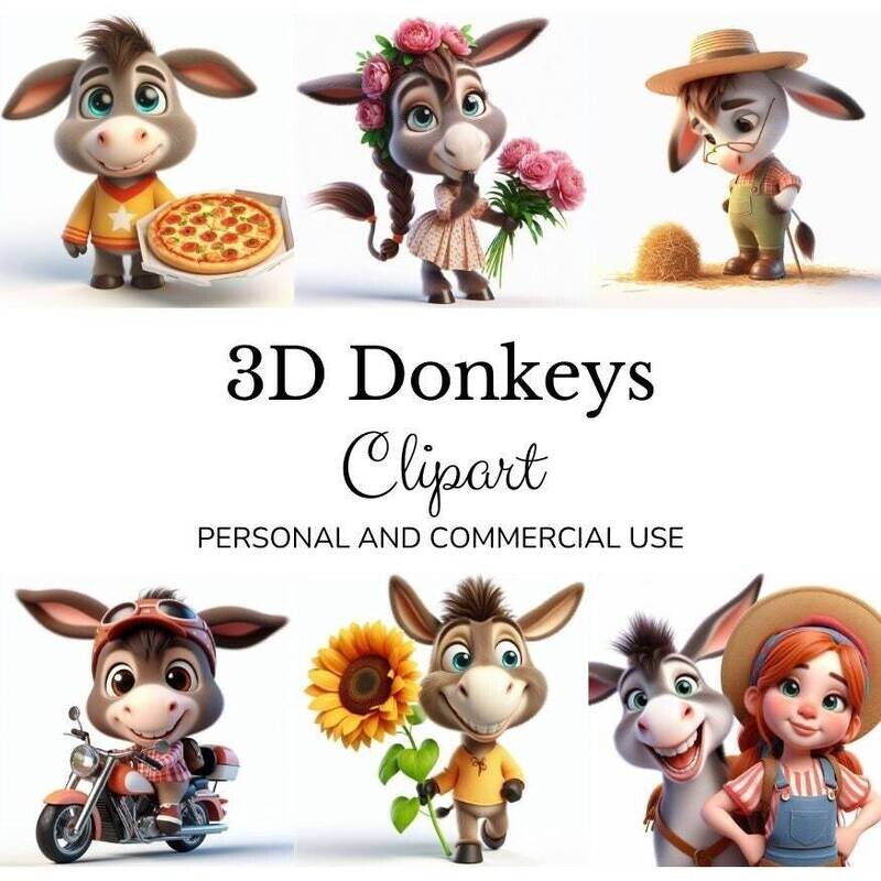 3D donkey clipart, 68 cute donkey illustrations, whimsical animal clipart. Cute clipart. Vector clipart. Graphics. Illustrations